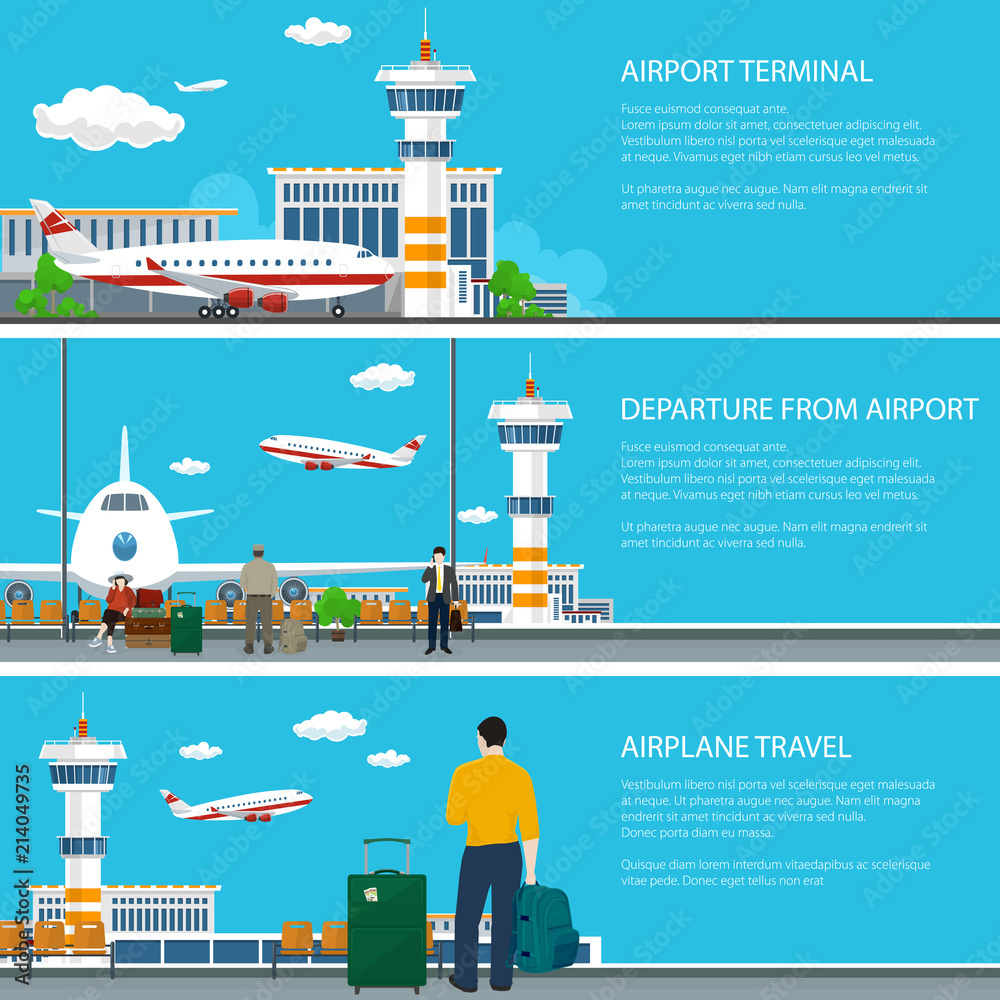 Set of Airport Banners,  Airplane Arrives and Fly away from Airport Terminal , Waiting Room with Travelers and Luggage Bags, Plane on the Runway and Control Tower , Air Travel Concept, Vector 