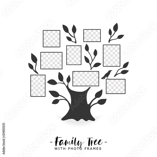 Family tree with photo frames. Memories. Insert your photo into template frames. Collage vector illustration.