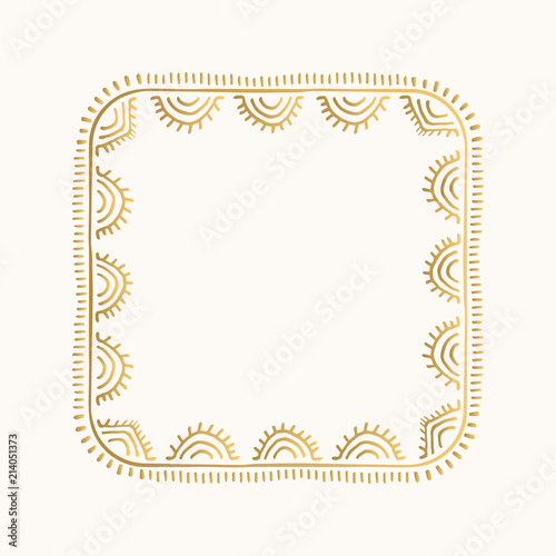 Golden vector frame in boho style. Hand drawn decorative border. 