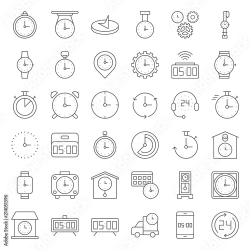 Clock, watches and time related icon set, such as working hours, stopwatch, appointment time, thin line