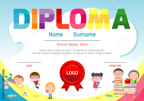Certificates kindergarten and elementary, Preschool Kids Diploma certificate pattern design template, Diploma template for kindergarten students, Certificate of kids diploma, vector illustration