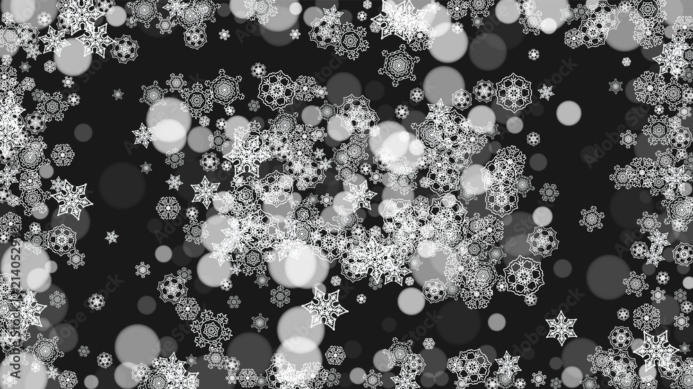 Snowflake border for Christmas and New Year holidays. Horizontal snowflake border on black background. For banners, gift coupons, vouchers, ads, party events. Falling frosty snow. Snowflake border for Christmas and New Year holidays. Horizontal snowflake border on black background. For banners, gift coupons, vouchers, ads, party events. Falling frosty snow.