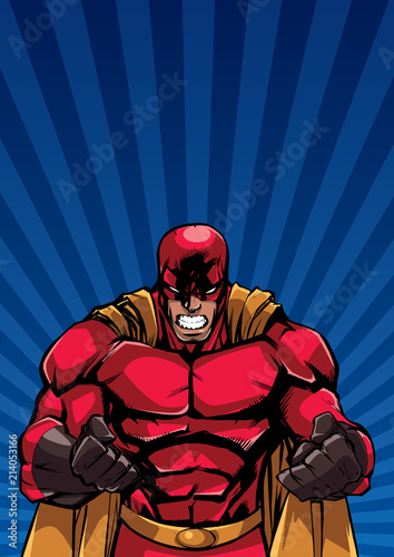 Illustration of raging superhero on abstract background with ray light.  
