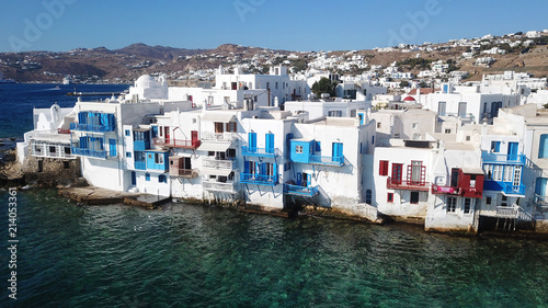 Aerial view of iconic colourful little Venice in old town of Mykonos island at sunset, Cyclades, Aegean, Greece