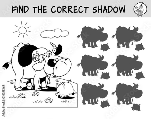Cow and little pig on a meadow. Find the correct shadow. Educational matching game for children. Black and white cartoon vector illustration