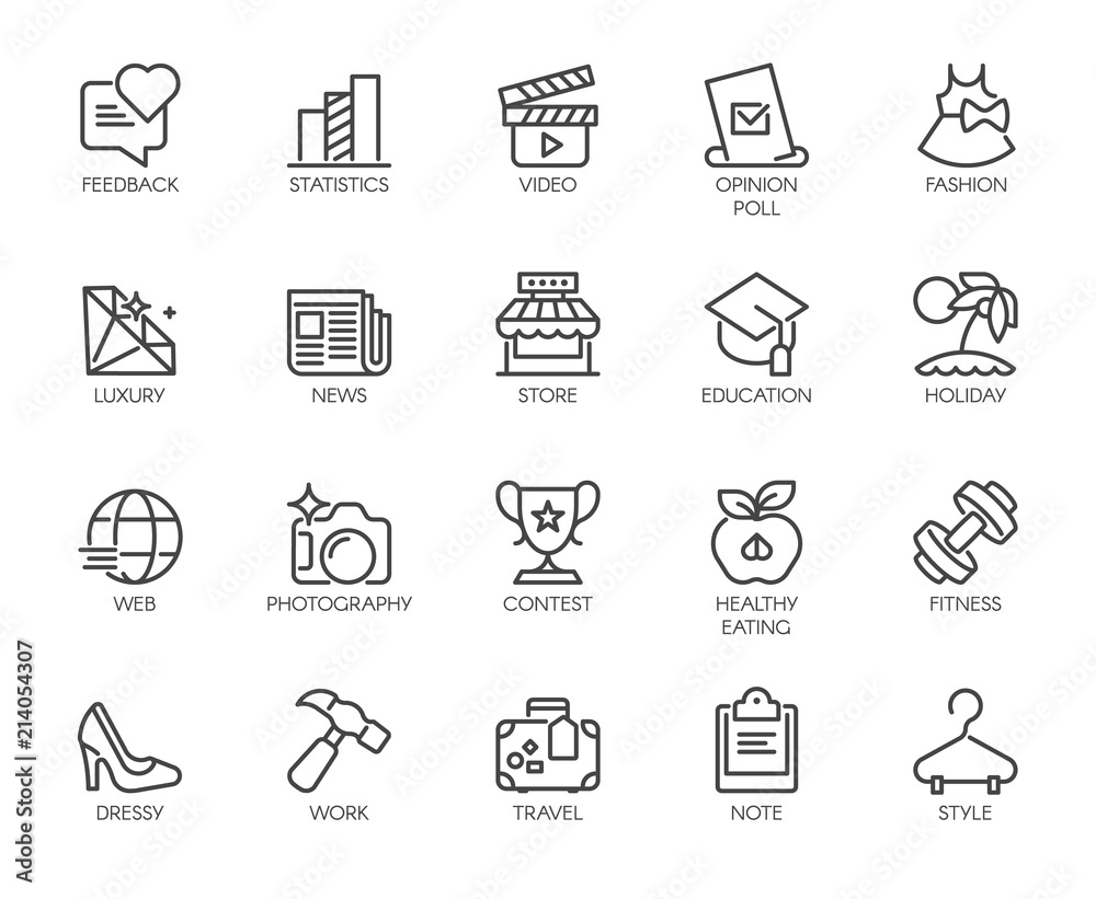 Fototapeta premium 20 linear icons on fashion, leisure, sports, hobby, healthy lifestyle, freedom theme. Simplicity outline label for infographic, print, sites and mobile apps. Vector illustration isolated on white