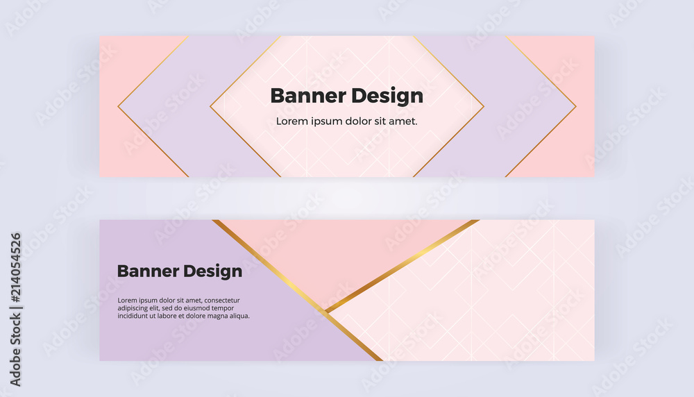 Modern geometric web banners with pink triangular shapes and golden lines. Template for design business card, flyer, invitation, birthday, wedding, email, web
