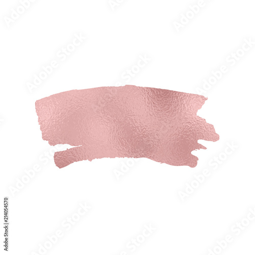 Gold rose foil texture brush stroke. Smudge glitter pink, sparkle glossy paint on the white background. Vector illustration