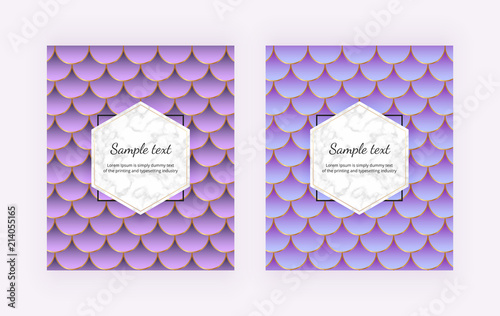 Modern covers with mermaid scales. Blue and violet mermaid tail with marble texture and golden lines. Trendy backgrounds for birthday, invitation, banner, layout, card, flyer, placard, poster