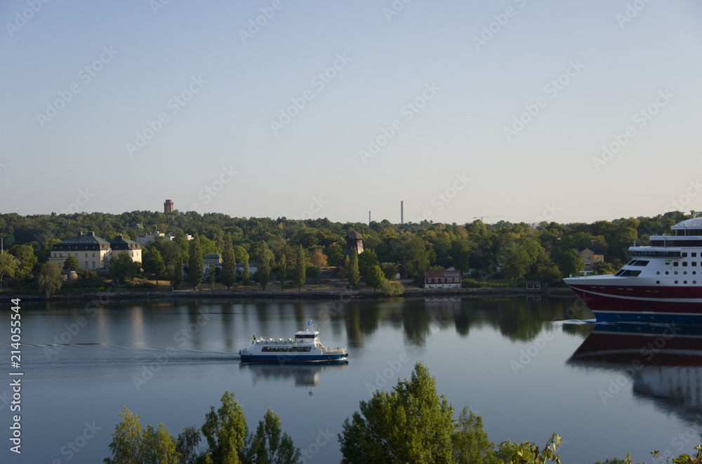 Boats meeting in the morning at the harbour of Stockholm