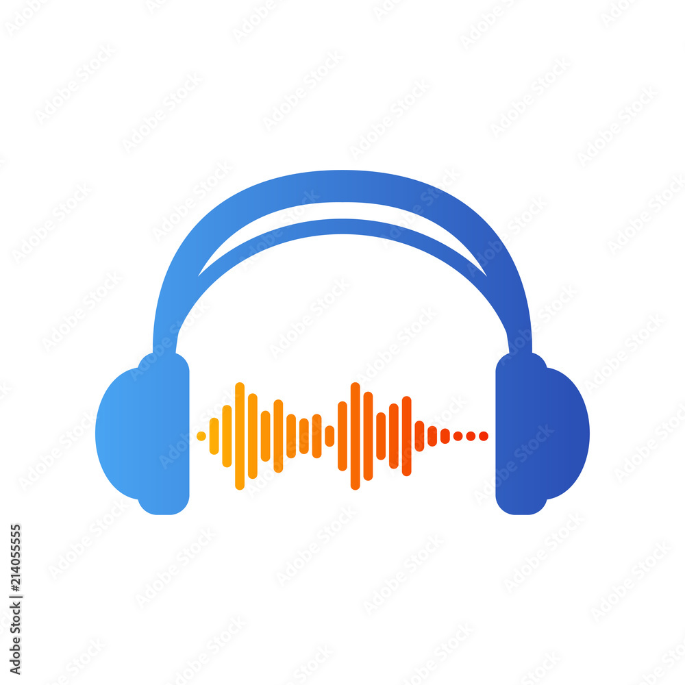 Icono plano auriculares con ondas sonido en azul y naranja 