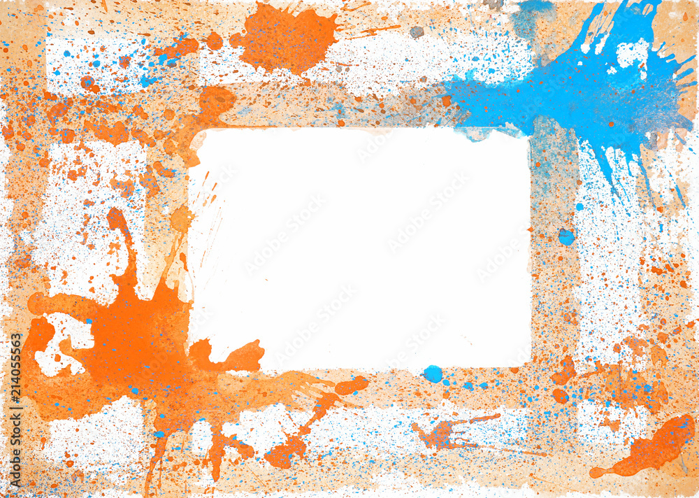 Hand paint splash abstract orange and blue color splash on white paper