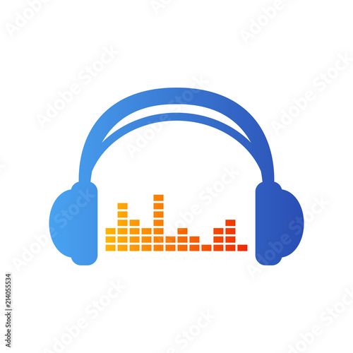 Icono plano auriculares con ecualizador en azul y naranja