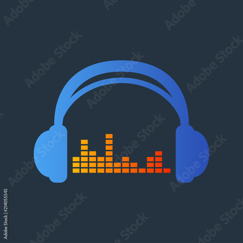 Icono plano auriculares con ecualizador en azul y naranja en fondo gris