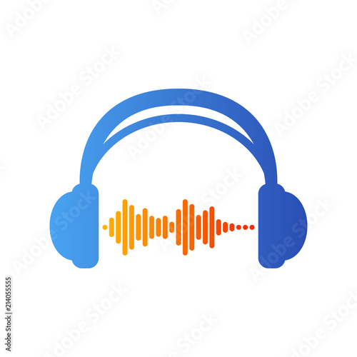 Icono plano auriculares con ondas sonido en azul y naranja 
