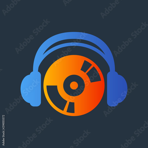 Icono plano auriculares con simbolo CD en azul y naranja en fondo gris