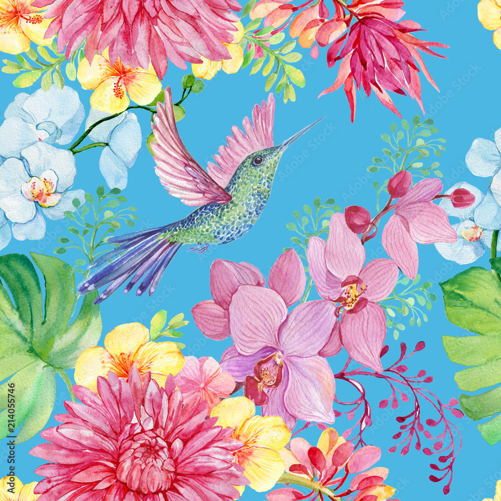 Hummingbirds and orchids seamless pattern for fabric, Wallpaper .Watercolor hand painting
