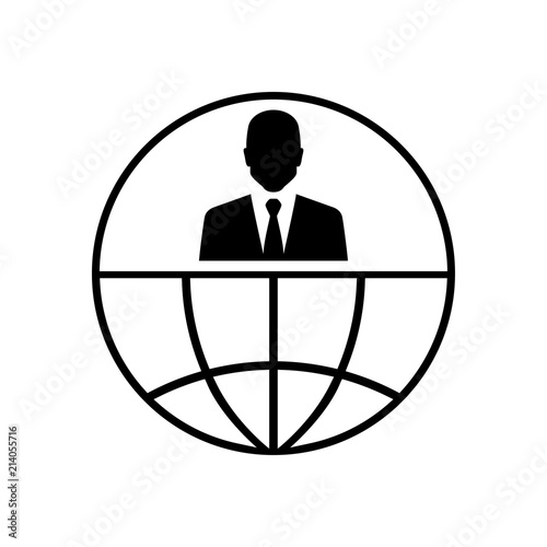 Icono plano hombre de negocios en globo terráqueo en color negro
