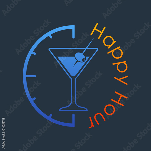 Icono plano Happy Hour con coctel con aceituna azul y naranja en fondo gris