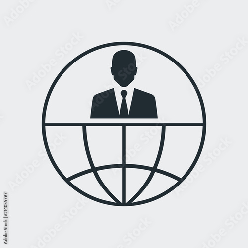 Icono plano hombre de negocios en globo terráqueo en fondo gris
