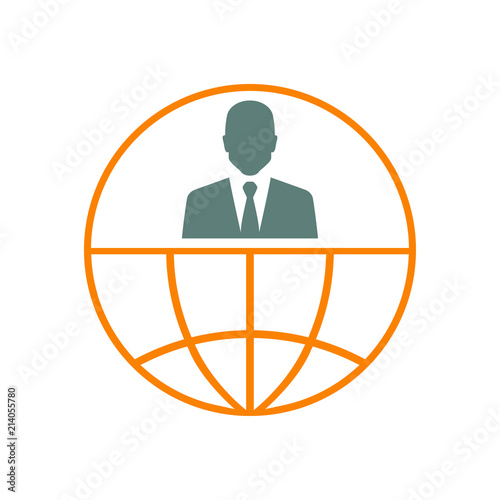 Icono plano hombre de negocios en globo terráqueo en gris y naranja