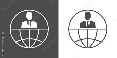 Icono plano hombre de negocios en globo terráqueo en gris y blanco