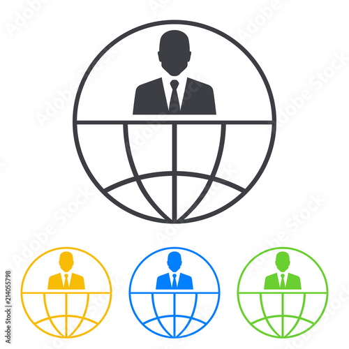 Icono plano hombre de negocios en globo terráqueo en varios colores