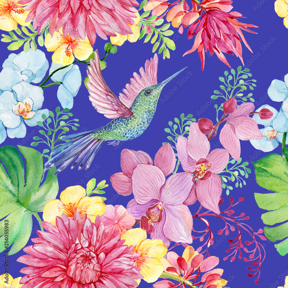 Obraz premium Seamless pattern of bird Hummingbird and tropical flowers. illustration by watercolor