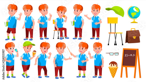 Boy Schoolboy Kid Poses Set Vector. Primary School Child. Beautiful Kid. Alphabet. Youth, Caucasian. For Card, Advertisement, Greeting Design. Isolated Cartoon Illustration
