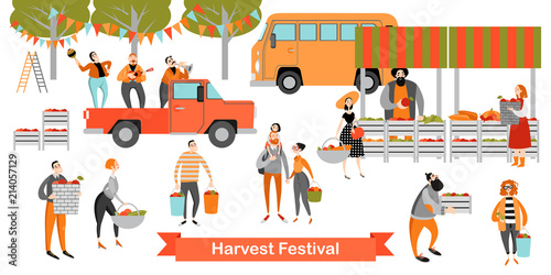 Harvest Festival. Happy people buy vegetables and fruits in a small market. Vector illustration on a white background
