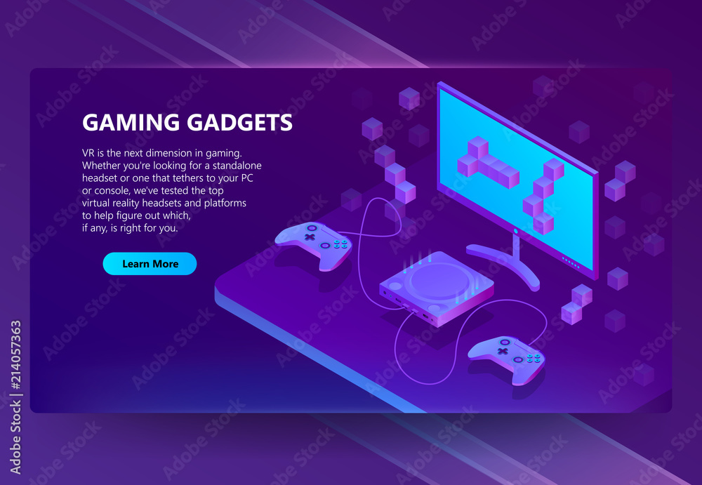 Vector 3d isometric template for site construction. Portal background with button, violet game console, joysticks. Ultraviolet gamepad, retro 8-bit technology. Electronic devices
