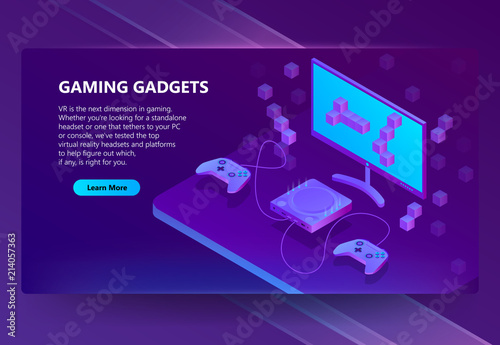 Vector 3d isometric template for site construction. Portal background with button, violet game console, joysticks. Ultraviolet gamepad, retro 8-bit technology. Electronic devices