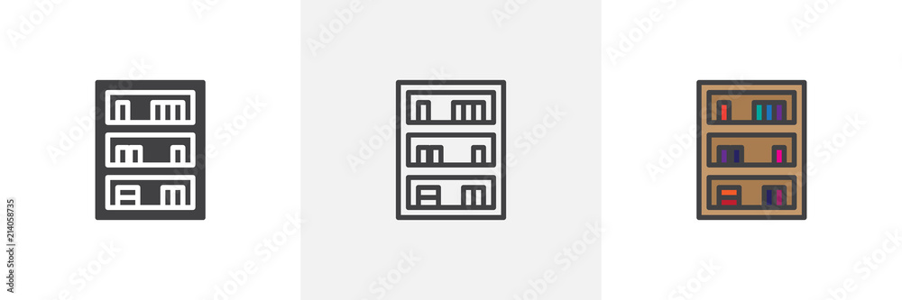 Bookcase icon. Line, solid and filled outline colorful version, outline and filled vector sign. Bookshelf symbol, logo illustration. Different style icons set. Pixel perfect vector graphics Bookcase icon. Line, solid and filled outline colorful version, outline and filled vector sign. Bookshelf symbol, logo illustration. Different style icons set. Pixel perfect vector graphics