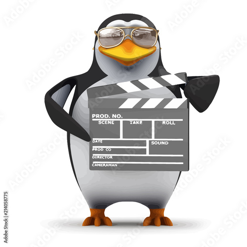 Vector 3d Funny cartoon penguin is making a movie