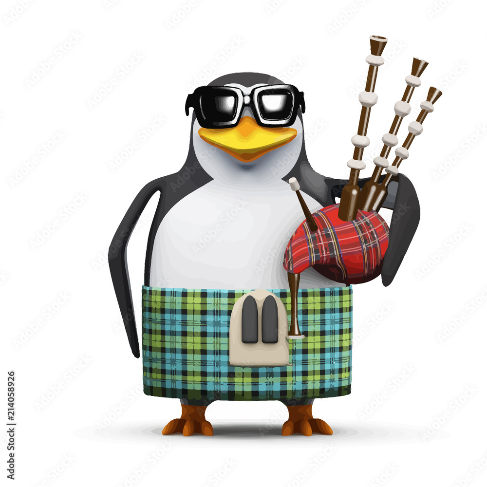 Fototapeta premium Vector 3d Scottish penguin with bagpipes