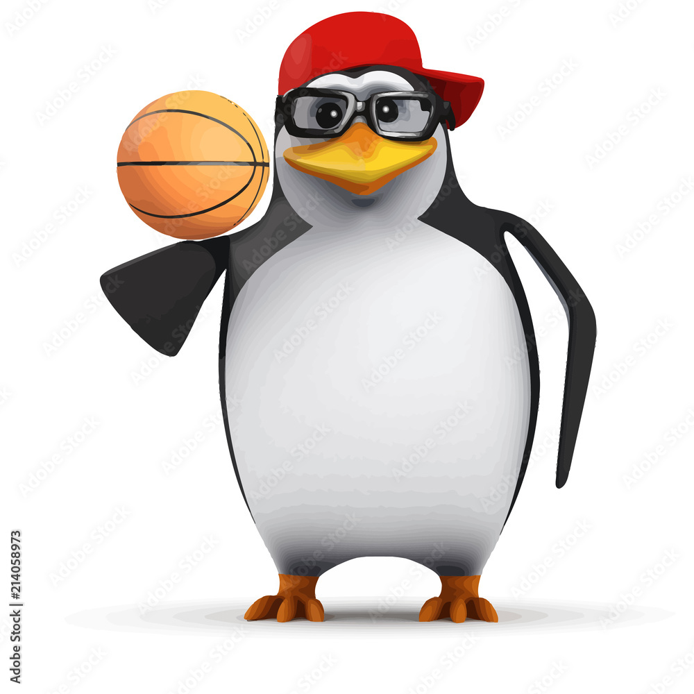 Fototapeta premium Vector 3d Funny cartoon penguin in a baseball cap balancing a basketball on his wingtip