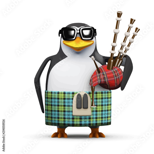 Billede på lærred Vector 3d Scottish penguin with bagpipes