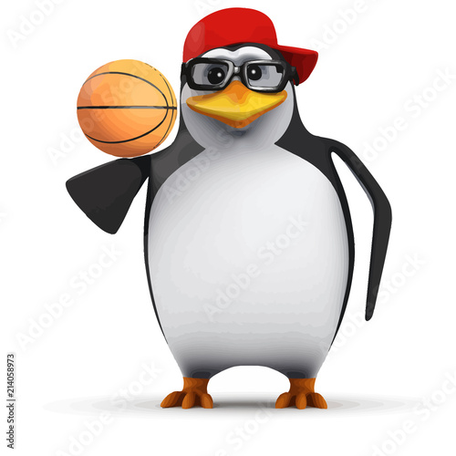 Vector 3d Funny cartoon penguin in a baseball cap balancing a basketball on his wingtip