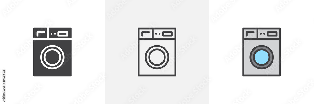 Washing machine icon. Line, solid and filled outline colorful version, outline and filled vector sign. Laundry symbol, logo illustration. Different style icons set. Pixel perfect vector graphics - obrazy, fototapety, plakaty 