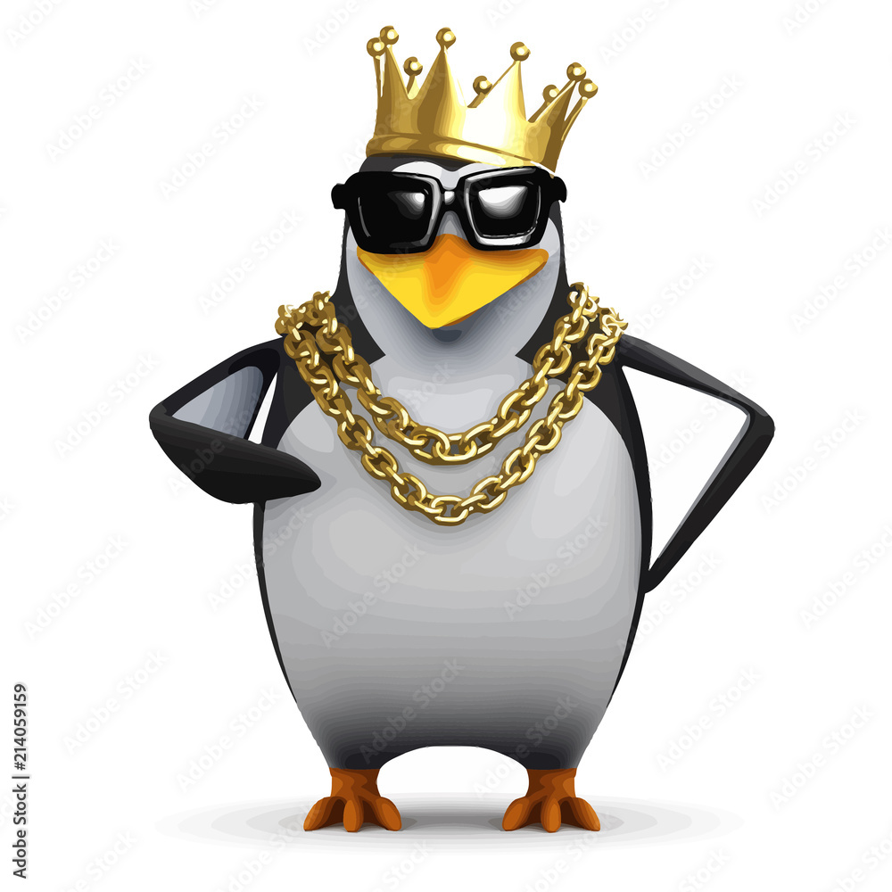 Obraz premium Wektor 3d Pingwin raper nosi złotą koronę