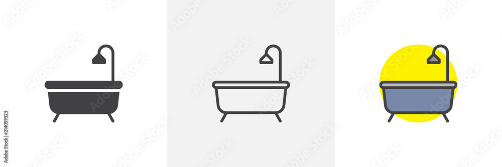 Bathtub with shower icon. Line, solid and filled outline colorful version, outline and filled vector sign. Bath symbol, logo illustration. Different style icons set. Pixel perfect vector graphics