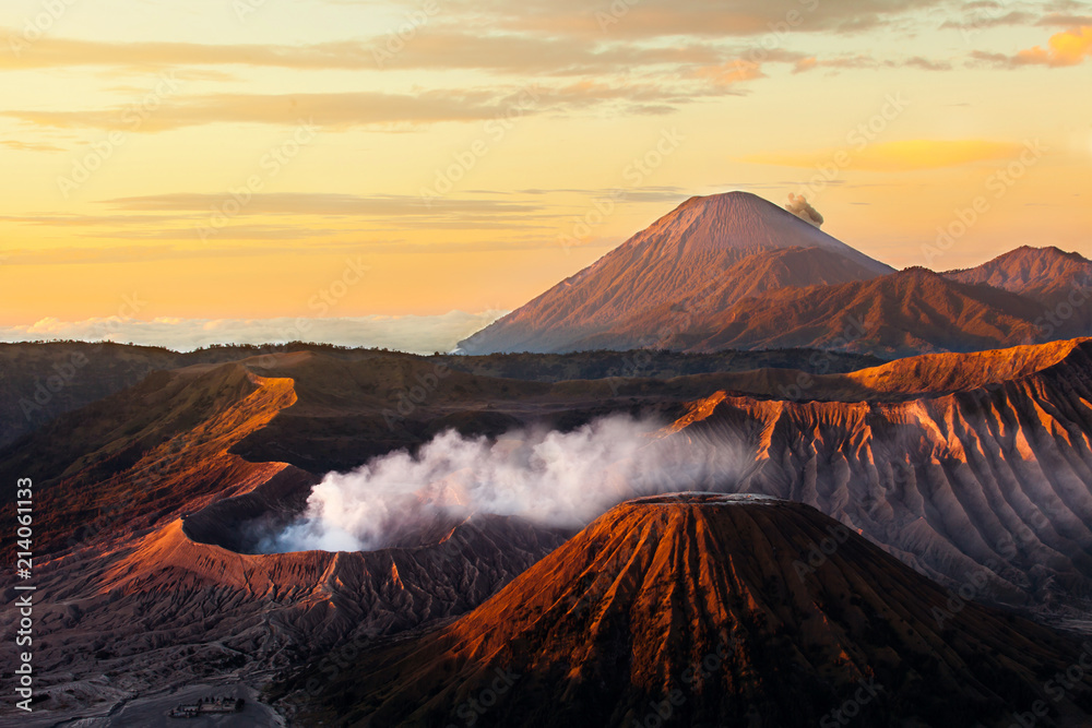 Beautiful Vibrant Bromo volcano at sunrise,Tengger Semeru National Park, East Java, Indonesia,panorama view. Morning,.