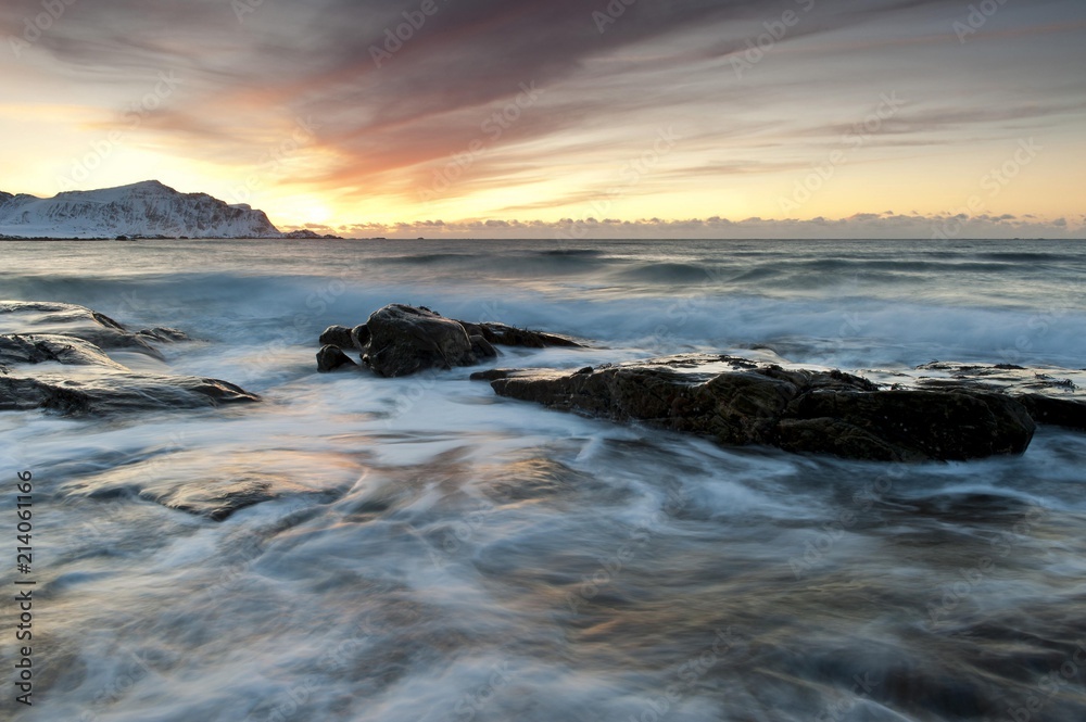Evening mood at Skagsanden beach, near Flakstad, Flakstadoy, Lofoten, Nordland, Norway, Europe Evening mood at Skagsanden beach, near Flakstad, Flakstadoy, Lofoten, Nordland, Norway, Europe