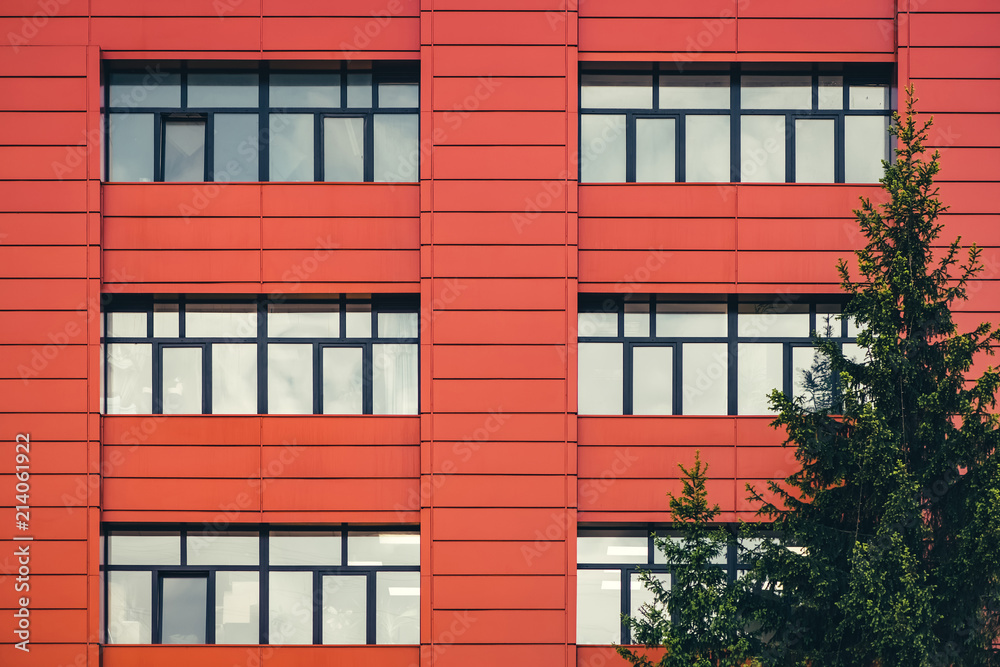 Fragment of red wall of modern office building with rectangular windows near coniferous tree. Interaction of creations of man and nature.