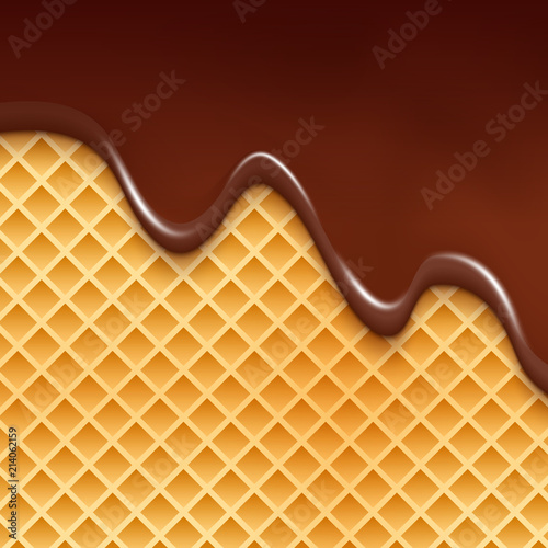 Wafer and flowing chocolate background. Waffle texture sweet dessert illustration with chocolate