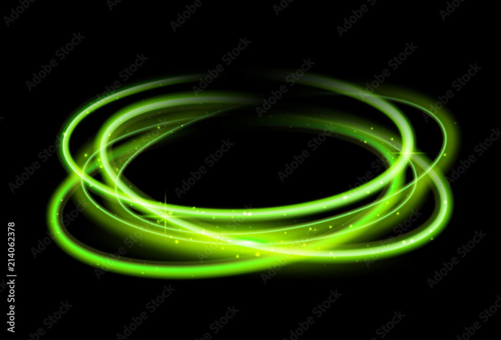 Green circle light effect background. Swirl glow magic line trail. Light effect motion Green circle light effect background. Swirl glow magic line trail. Light effect motion
