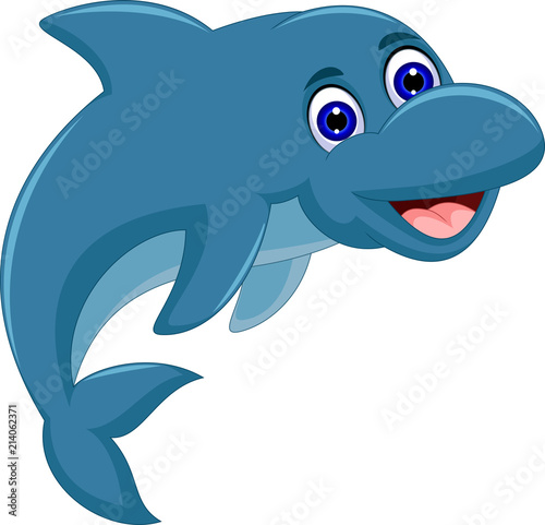 funny dolphin cartoon standing with smiling on white background