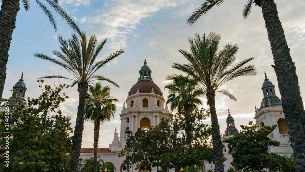 Sunset timelapse of the famous Pasadena City Hall at Los Angeles County, California