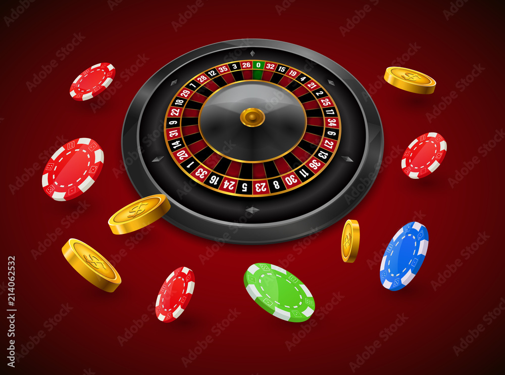 Casino roulette with chips, red dice realistic gambling poster ...