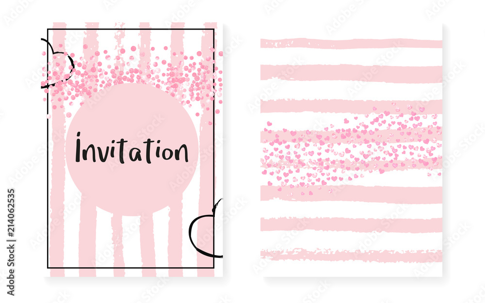 Wedding card invitation with dots and sequins. Bridal shower set with pink glitter confetti. Vertical stripes background. Elegant wedding card for party, event, save the date flyer. Wedding card invitation with dots and sequins. Bridal shower set with pink glitter confetti. Vertical stripes background. Elegant wedding card for party, event, save the date flyer.